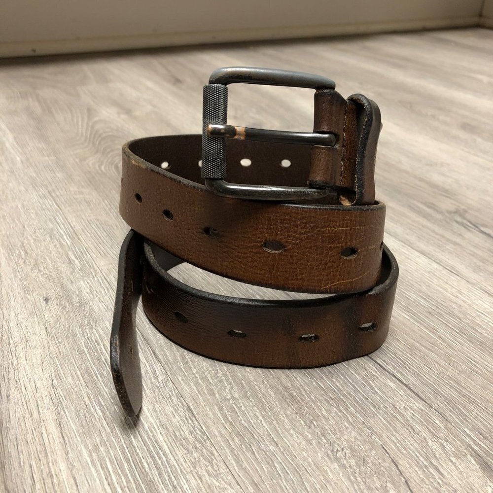 Vintage Levi's Genuine Brown Leather Belt Dark Steel Rolled Buckle Western Belt